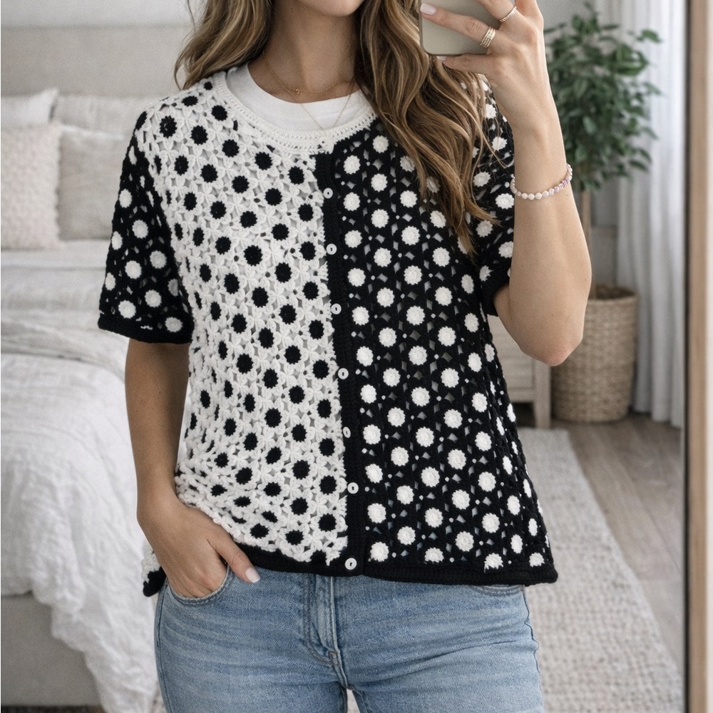 Vintage Black White Crochet Cardigan Sweater Beading Boho Cottagecore Fairy